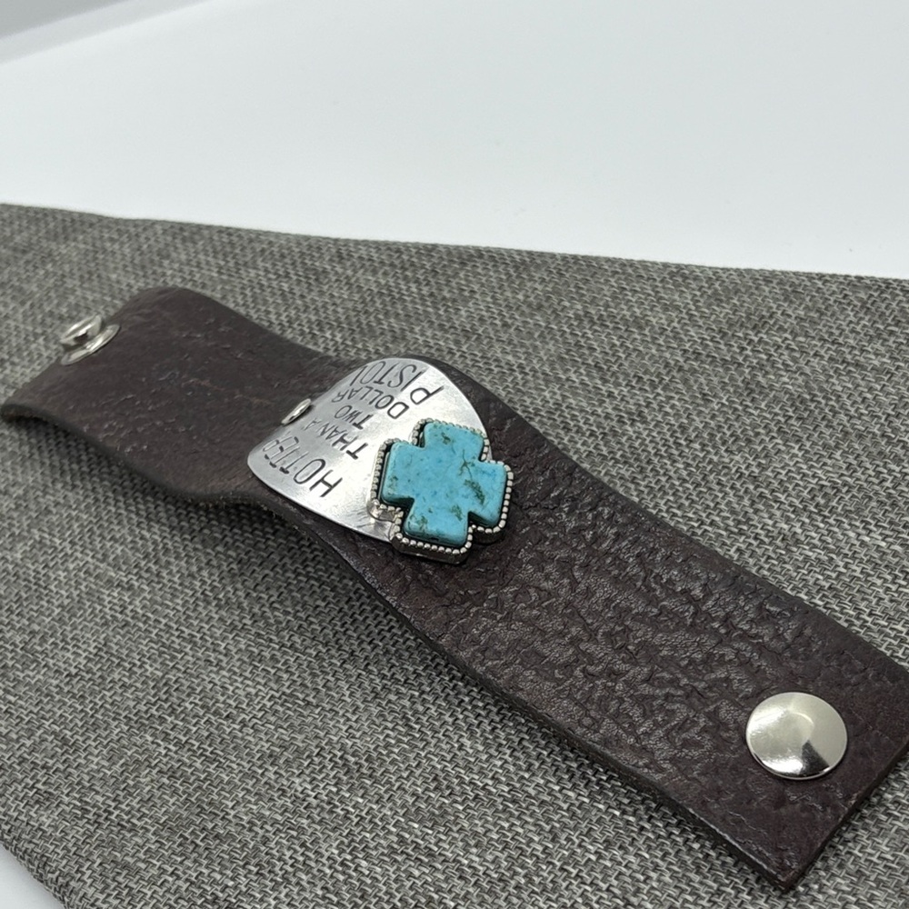 Hotter Than a Two Dollar Pistol Leather Cuff Bracelet Turquoise Accent - Picture 7 of 8